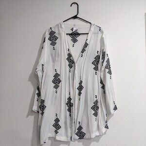 Kembali White Black Print One Button Cardigan, 100% Rayon, Women's One Size